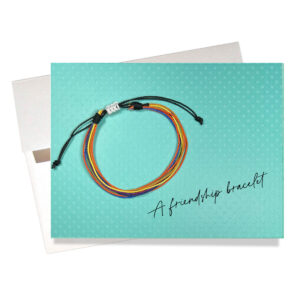 "Friendship Bracelet" Friendship Card comes with the gift of a colorful waxed string bracelet.