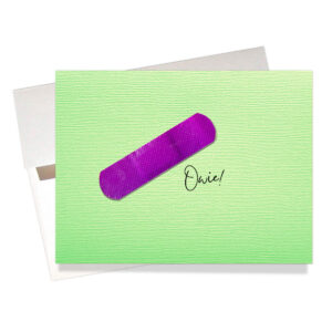 Our popular "Owie!" Get Well Card says inside "hope you're on the mend soon!" Card features a real colored bandage. Bandage colors vary.