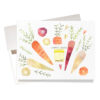 "Carrot Seeds" Thank You Card includes a tiny bag of plantable carrot seeds amid a colorful array of fun watercolor carrots & slices. Inside is the message: "Thanks a bunch!"