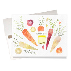 "Carrot Seeds" Thank You Card includes a tiny bag of plantable carrot seeds amid a colorful array of fun watercolor carrots & slices. Inside is the message: "Thanks a bunch!"