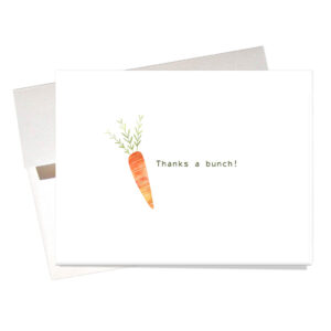 Inside "Carrot Seeds" Thank You Card includes a tiny bag of plantable carrot seeds amid a colorful array of watercolor carrots & slices. "Carrot Seeds" Thank You Card is 6" wide x 4.5" high (folded), on high quality textured card stock.