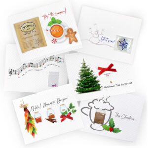 Bestseller Christmas Card Package includes handmade cards with Christmas tea, hot chocolate, & instant snow