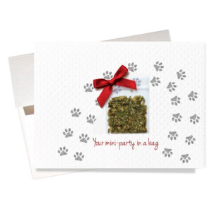 "Your mini-party in a bag" birthday card features a mystery herb-in a baggie & path of paw prints.