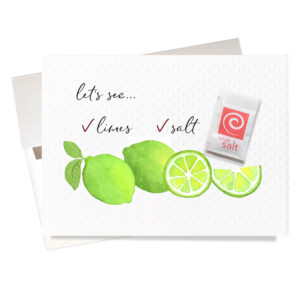 Margarita birthday card has colorful watercolor limes and a tiny real packet of salt on the front