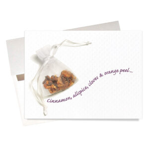 "Smells like Christmas" Card features a lovely organza bag filled witih spices "Cinnamon, allspiice, cloves & orange peel ... ahhhh...iit's beginning to smell a lot like Christmas!"