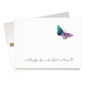 "Butterfly Sympathy" Card says on the front "a butterfly's life is beautiful & brief." This lovely card includes a raised gold metallic heart.
