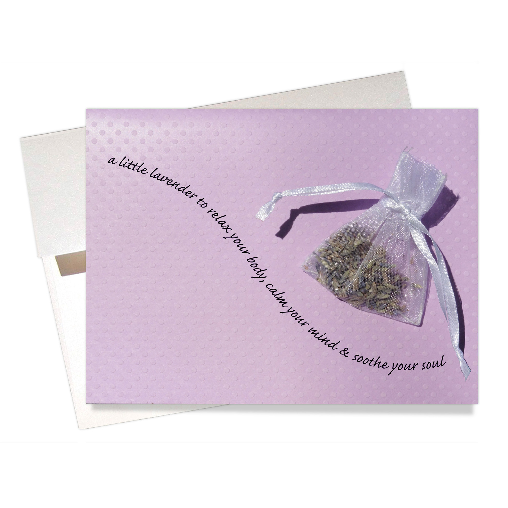 Calming Lavender Thinking of You card features a lovely organza bag with real lavender