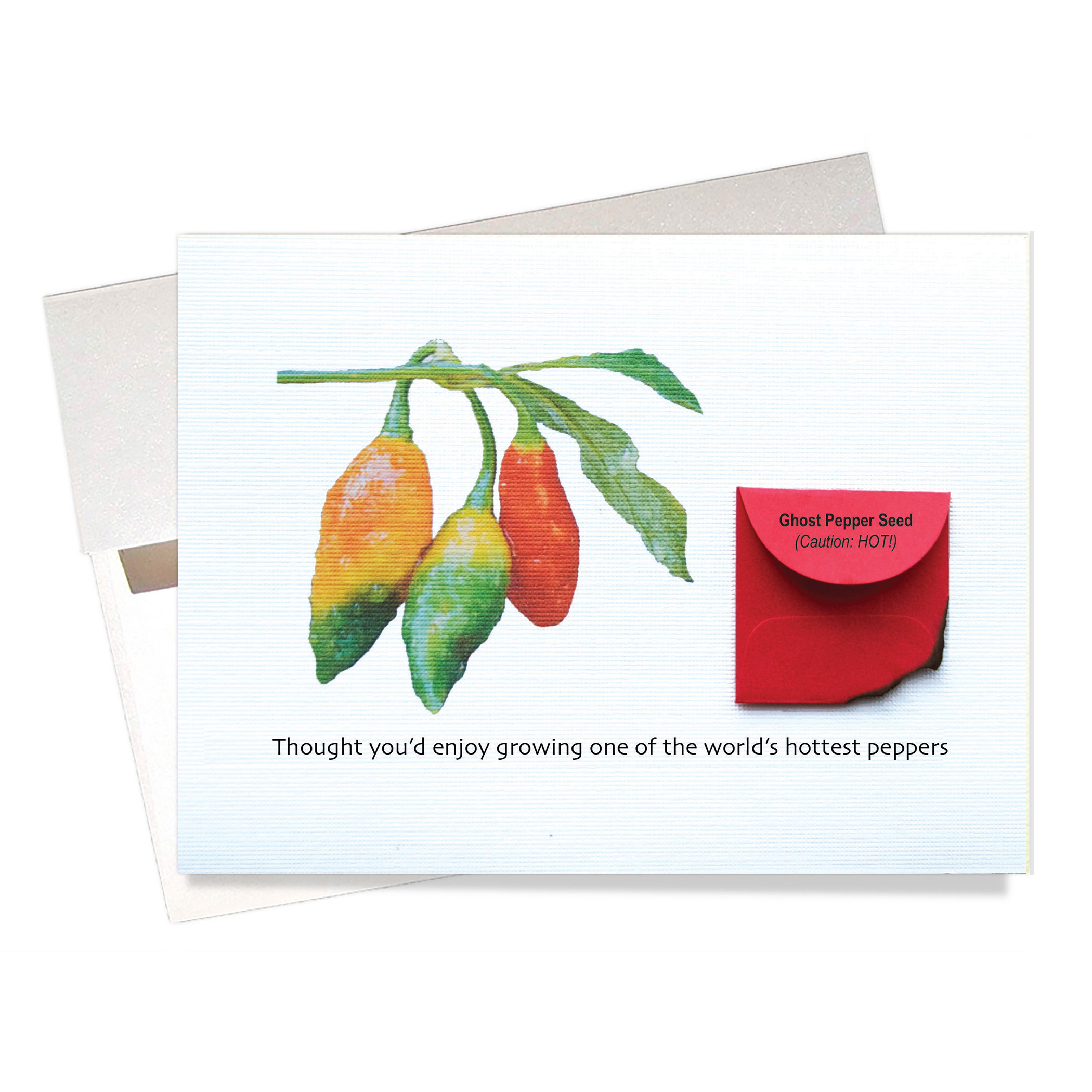 "Ghost Pepper" Birthday Card features a small red packet labeled "Ghost Pepper Seed (Caution HOT!)." The corner of the red seed packet is charred and burned off. Front says: "Thought you might enjoy growing one of the world's hottest peppers."