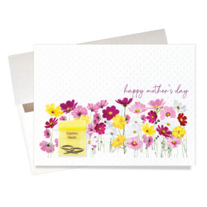 Our "Best Mom in the Cosmos" Mother's Day Card features real plantable cosmos seeds beside a colorful splash of illustrated cosmos flowers.