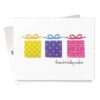 Three birthday wishes card features three little gifts with lift-up flaps